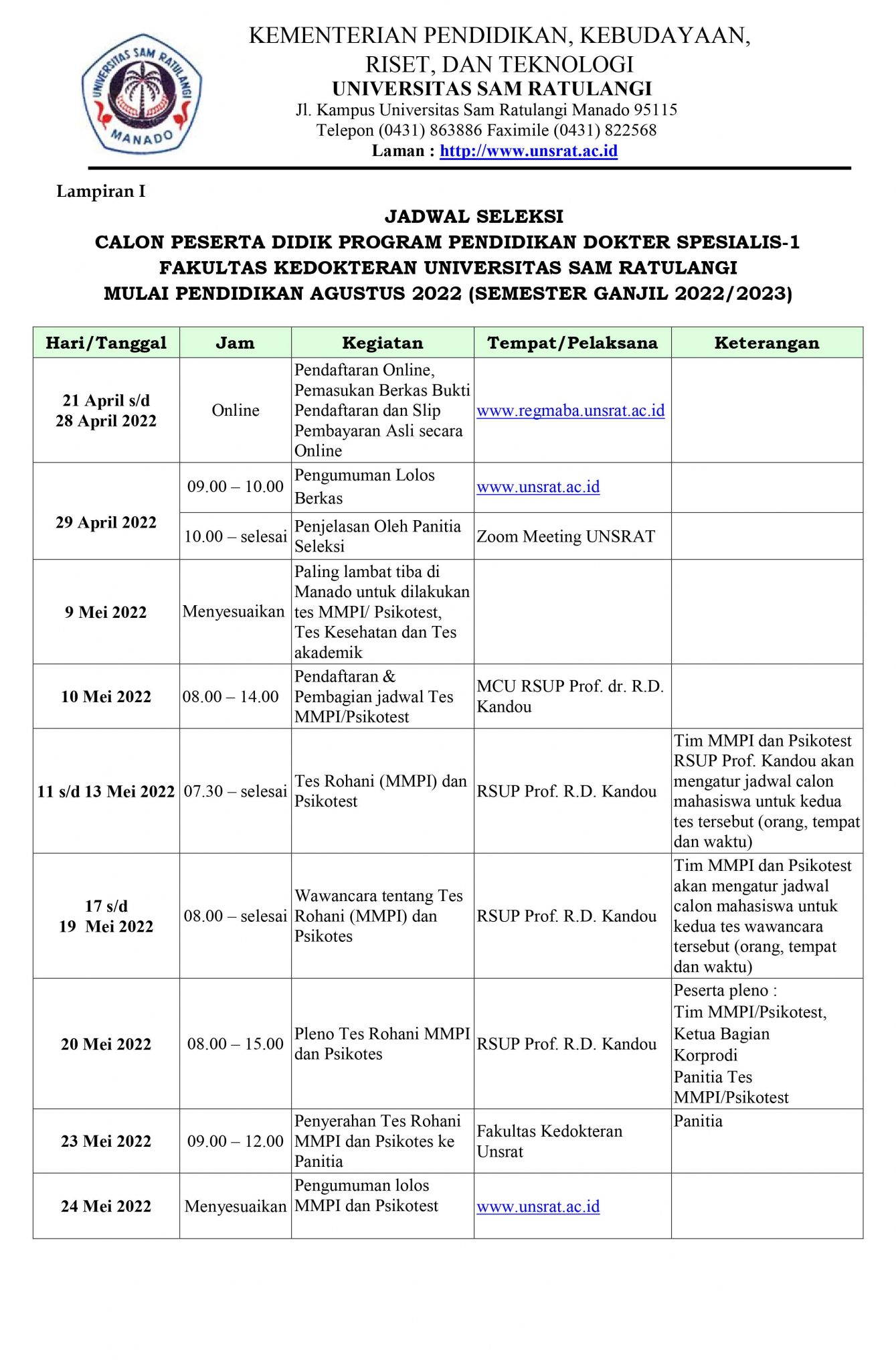 Pengumuman Penerimaan Calon Peserta Program Pendidikan Dokter Spesialis